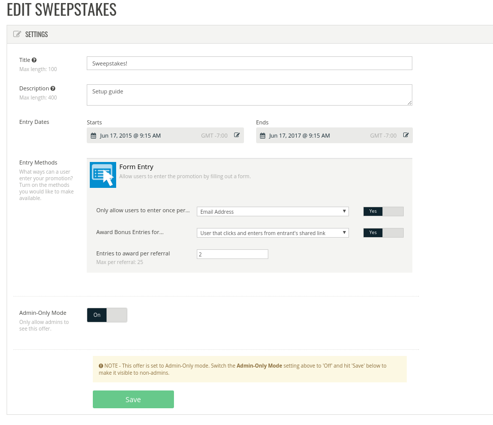 Edit sweepstakes settings