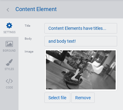 Settings - content element