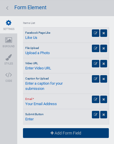UGC contest form element settings