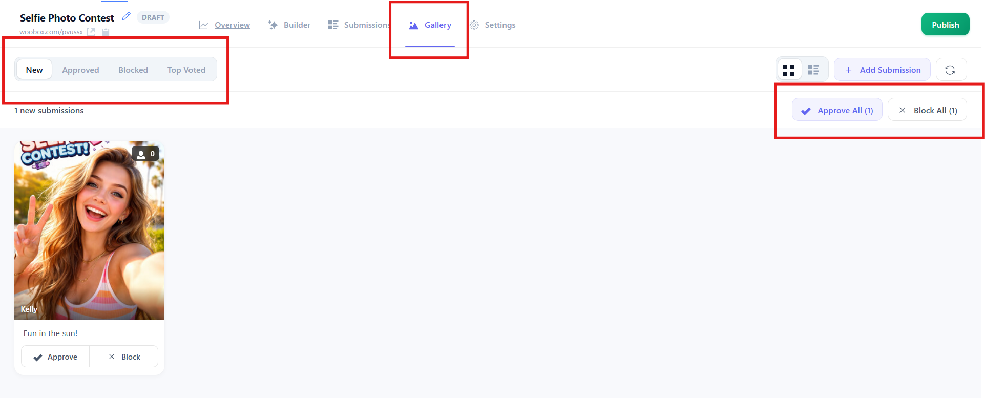 AI Site builder Gallery tab - submission management