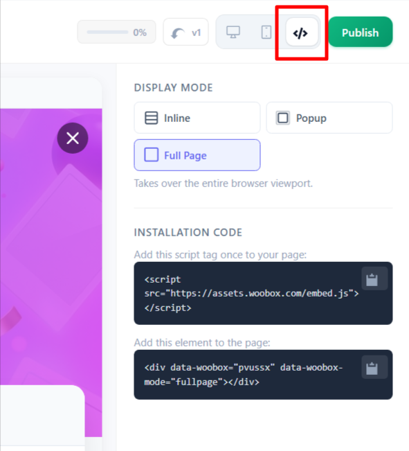 AI Site builder embed code area