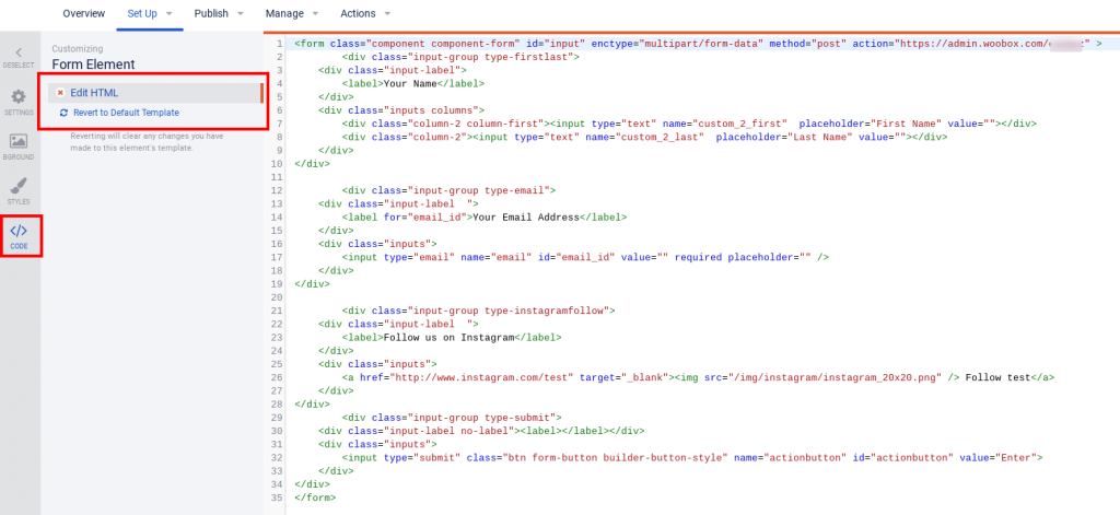 Element in custom HTML mode