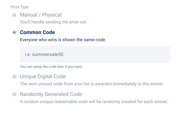 Prize type - common code