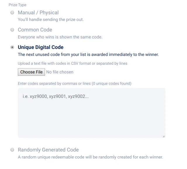 Prize type - Unique Digital Code