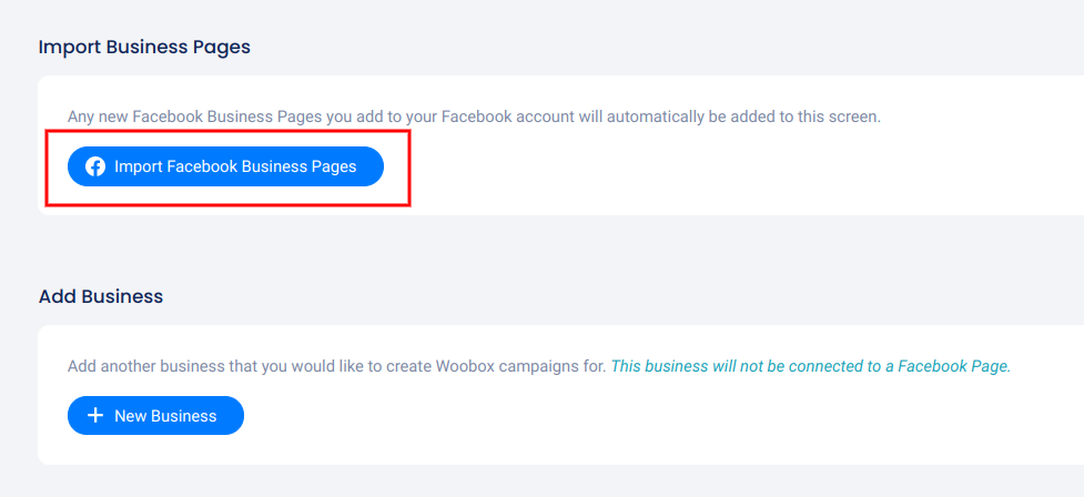 Import Facebook Business Pages button
