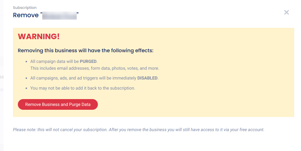 Remove business and purge data panel