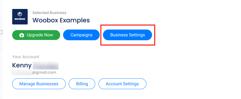 Account panel - business settings
