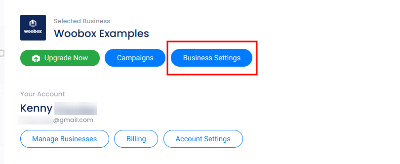 Account panel -Business Settings