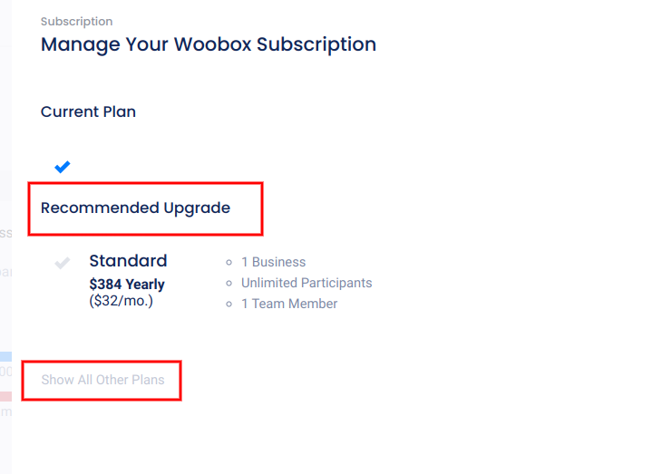 Upgrade current plan panel