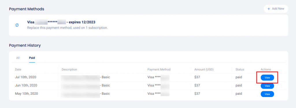 Billing/invoices screen