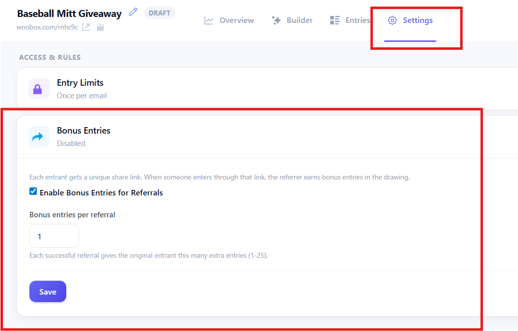 Settings - bonus entries 2026