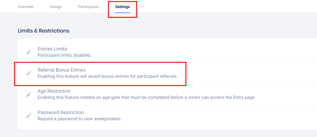 Settings - Bonus Entries