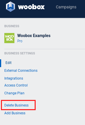 Business settings - delete business