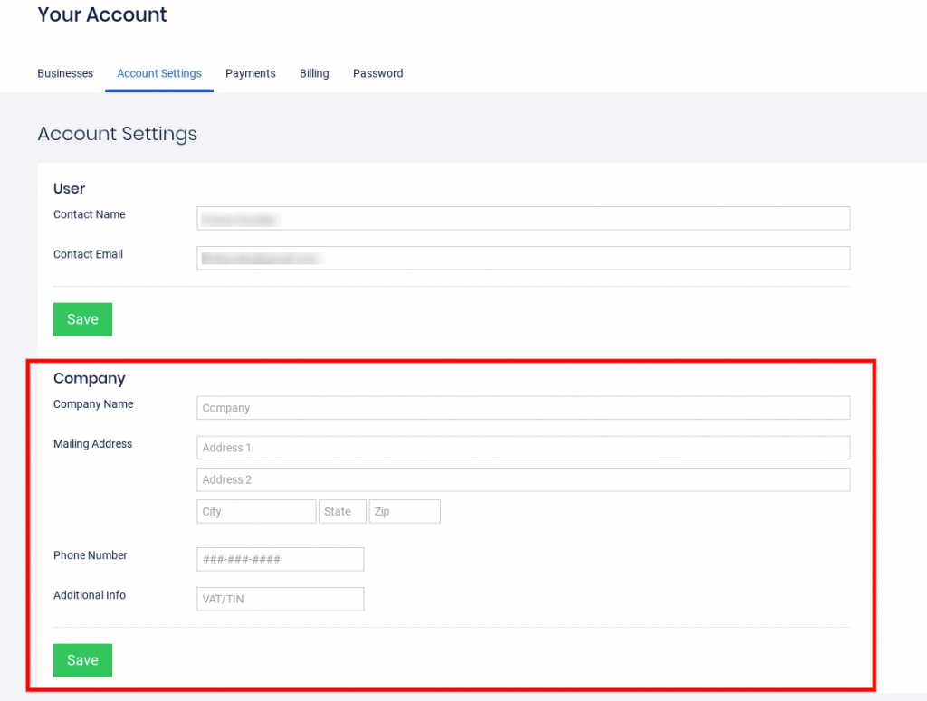 My Account - Company info section