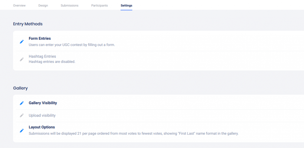 Settings page