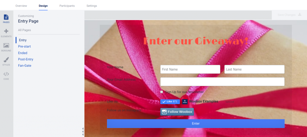 Sweepstakes design tab