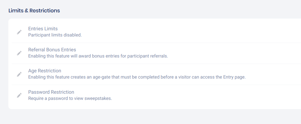 Sweepstakes settings tab - Limits and restrictions
