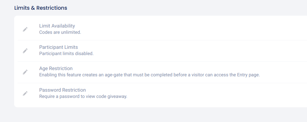 Code giveaway - Limits and restrictions