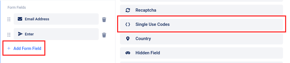 Add single use code field to form