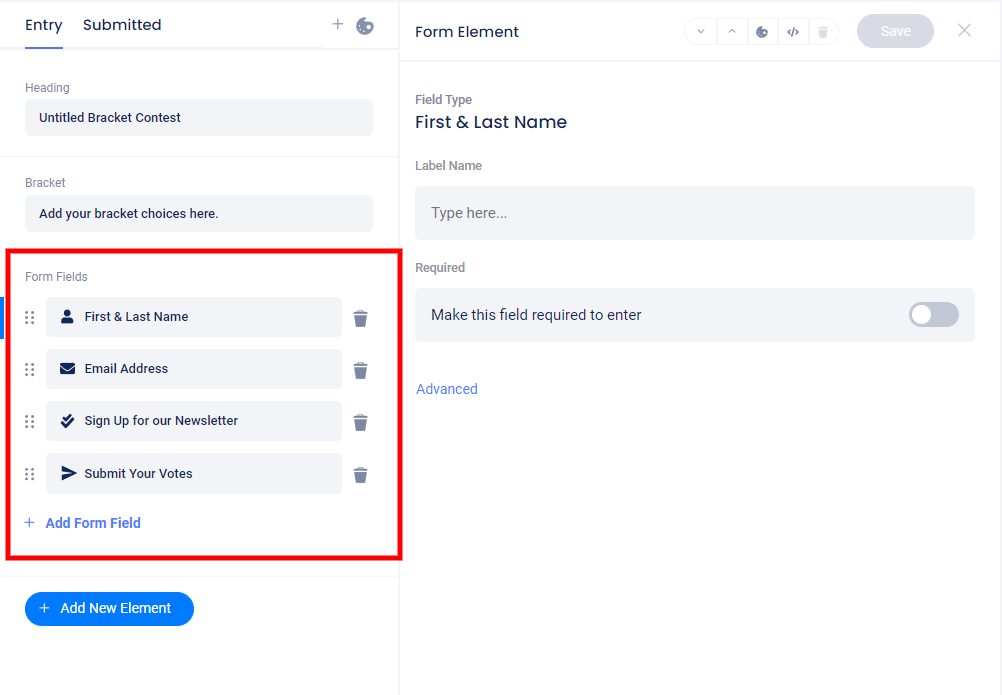 Add or edit form fields - bracket contest 2022