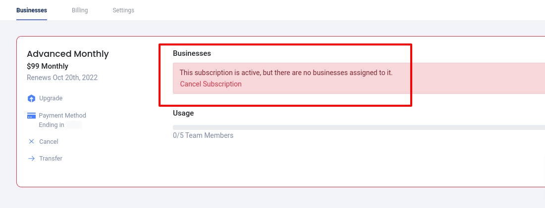 Subscription with no businesses on it