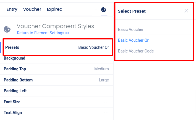 Voucher element design and advanced settings