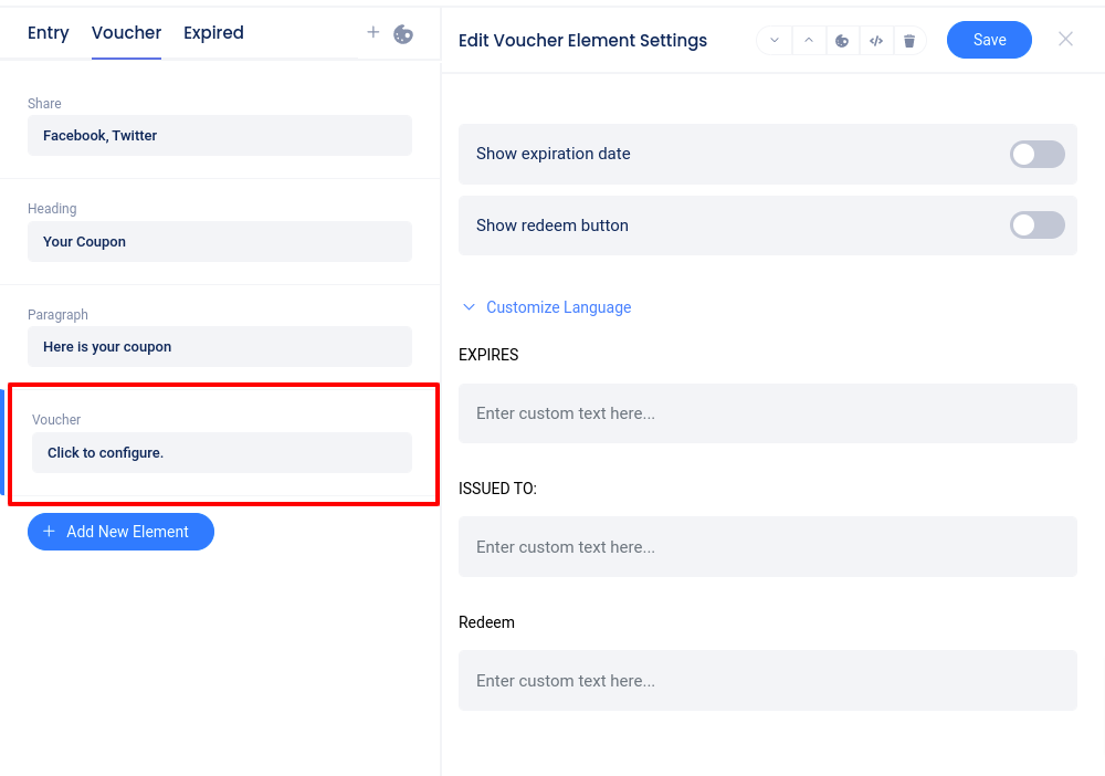 Voucher element settings panel