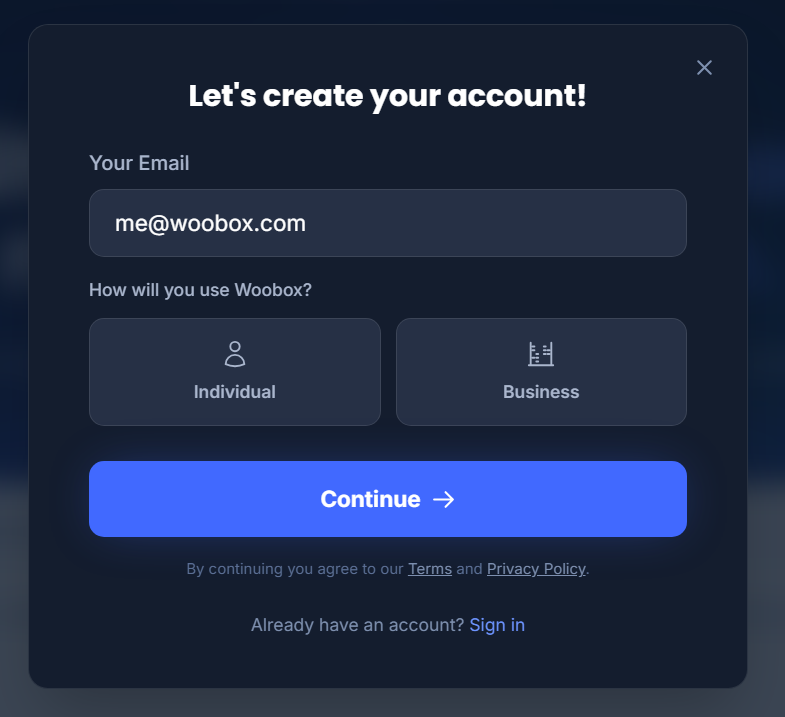 Individual or business select sign up modal