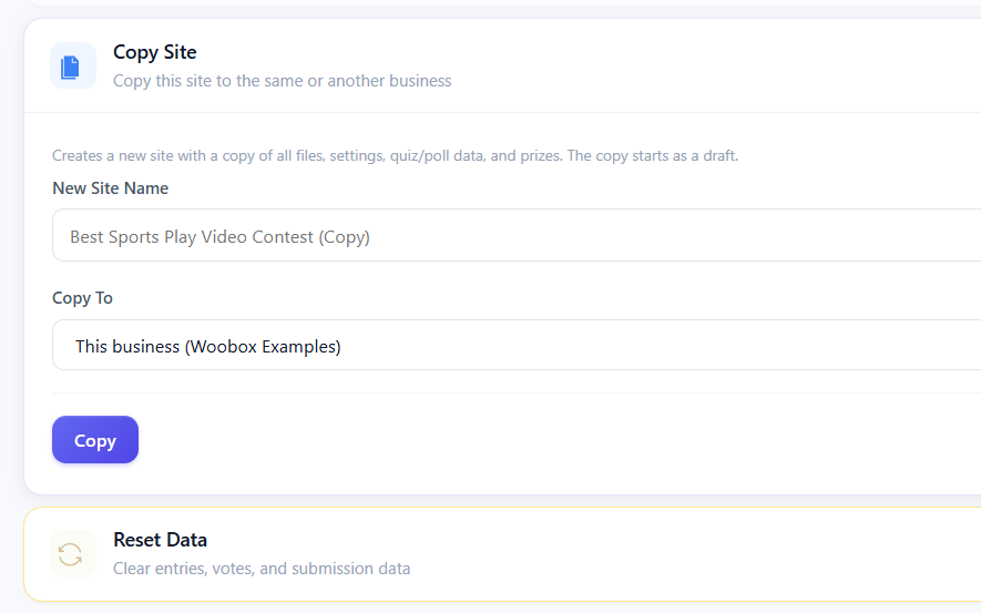 New Sites template copy and reset buttons