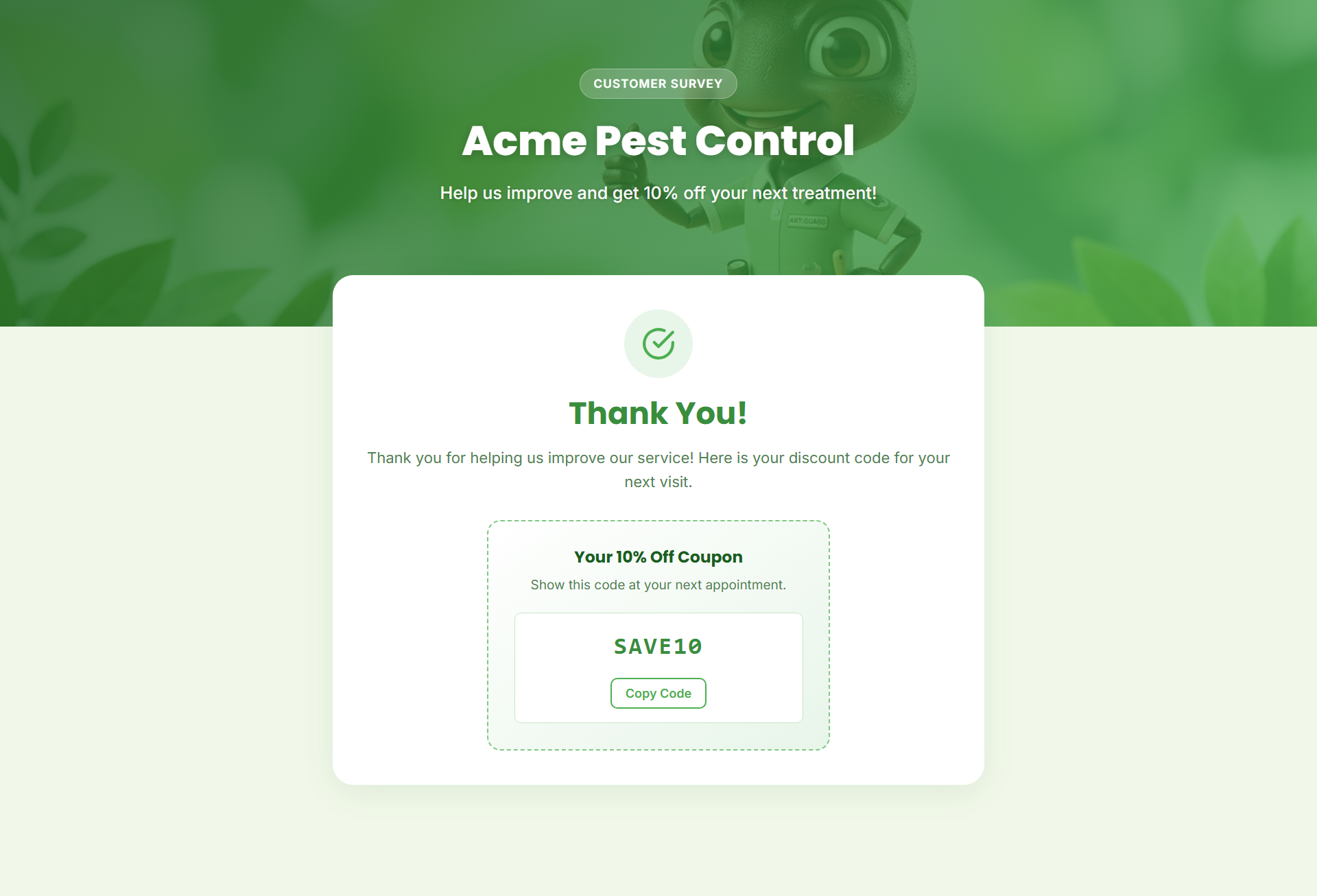 Pest control example coupon-thank you page