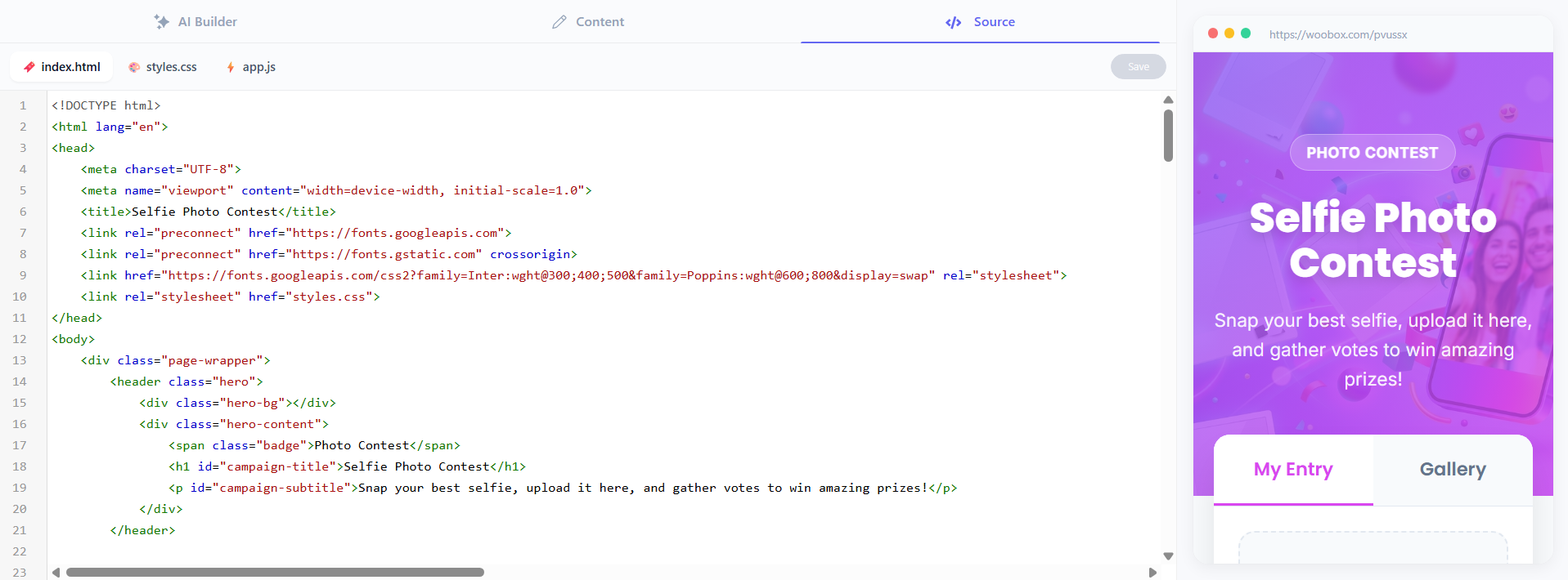 Custom code AI Site Builder