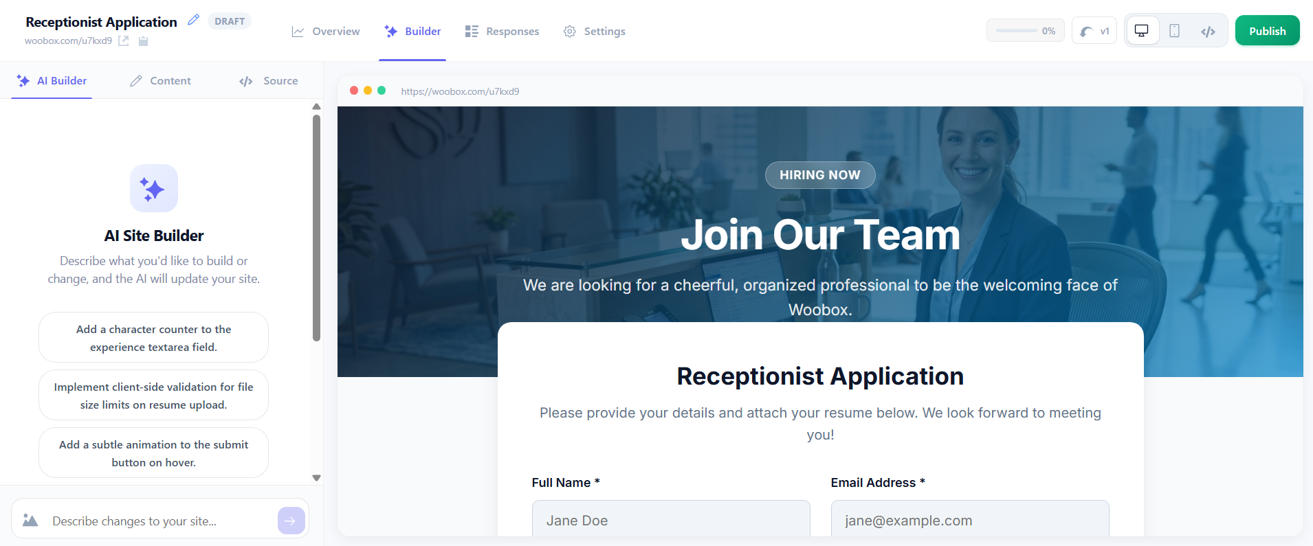Job application form example - in builder