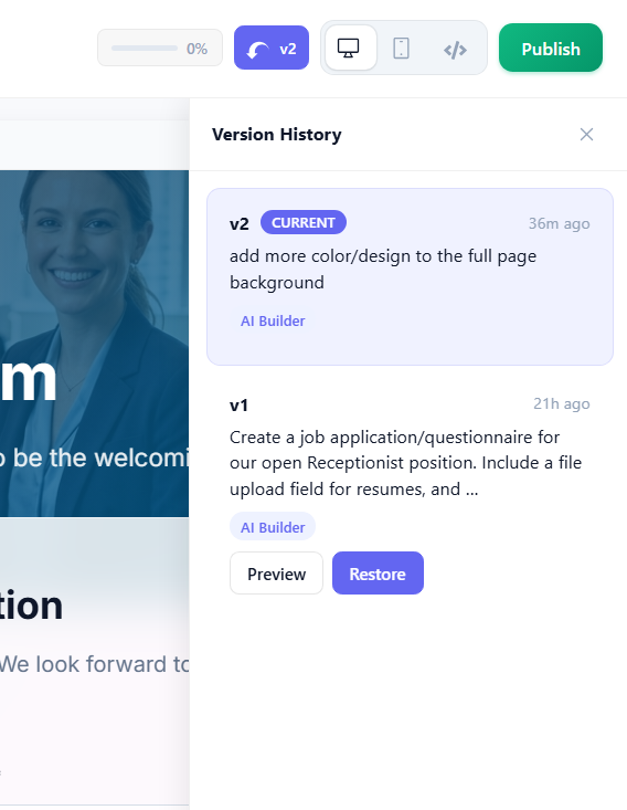 Version History section - AI builder