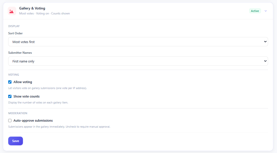 Settings tab - gallery and voting