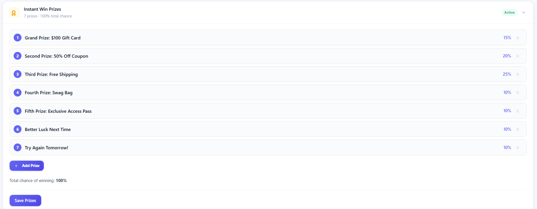 Settings - Instant Win prizes