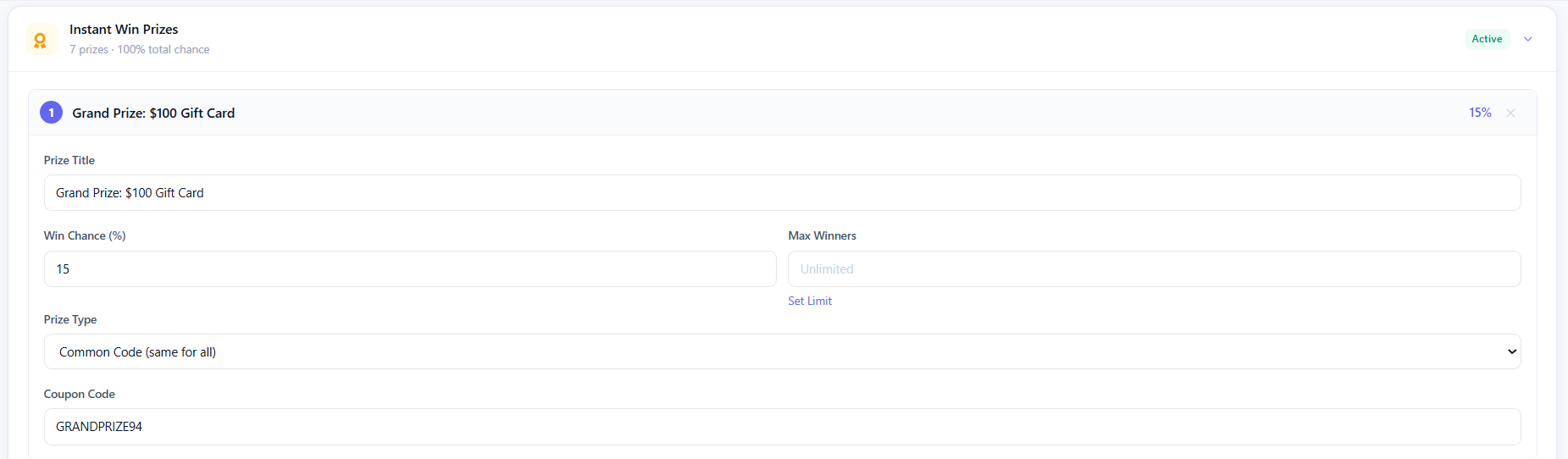 Editing Instant Win prizes - Settings tab
