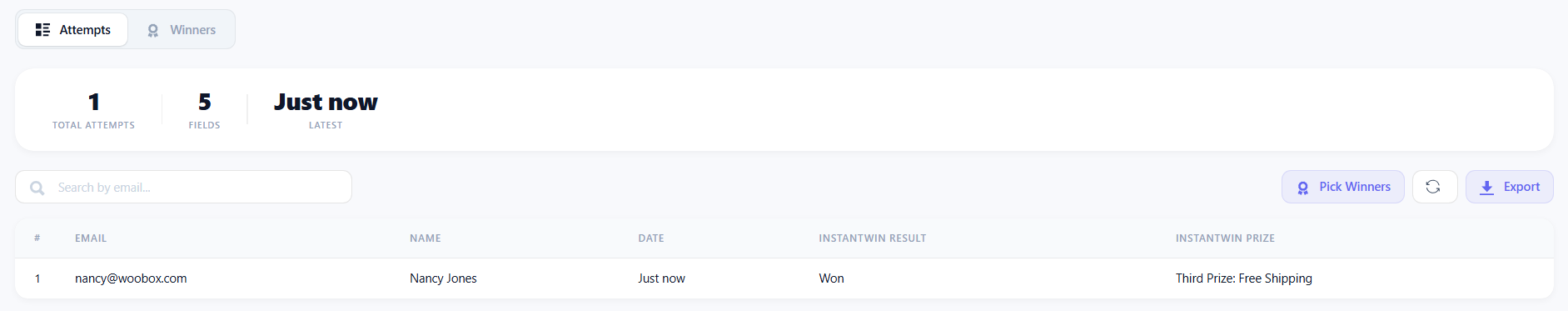 Attempts (Entries) tab - spin the wheel or instant win