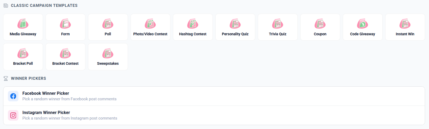 New Sites screen - Facebook Winner Picker