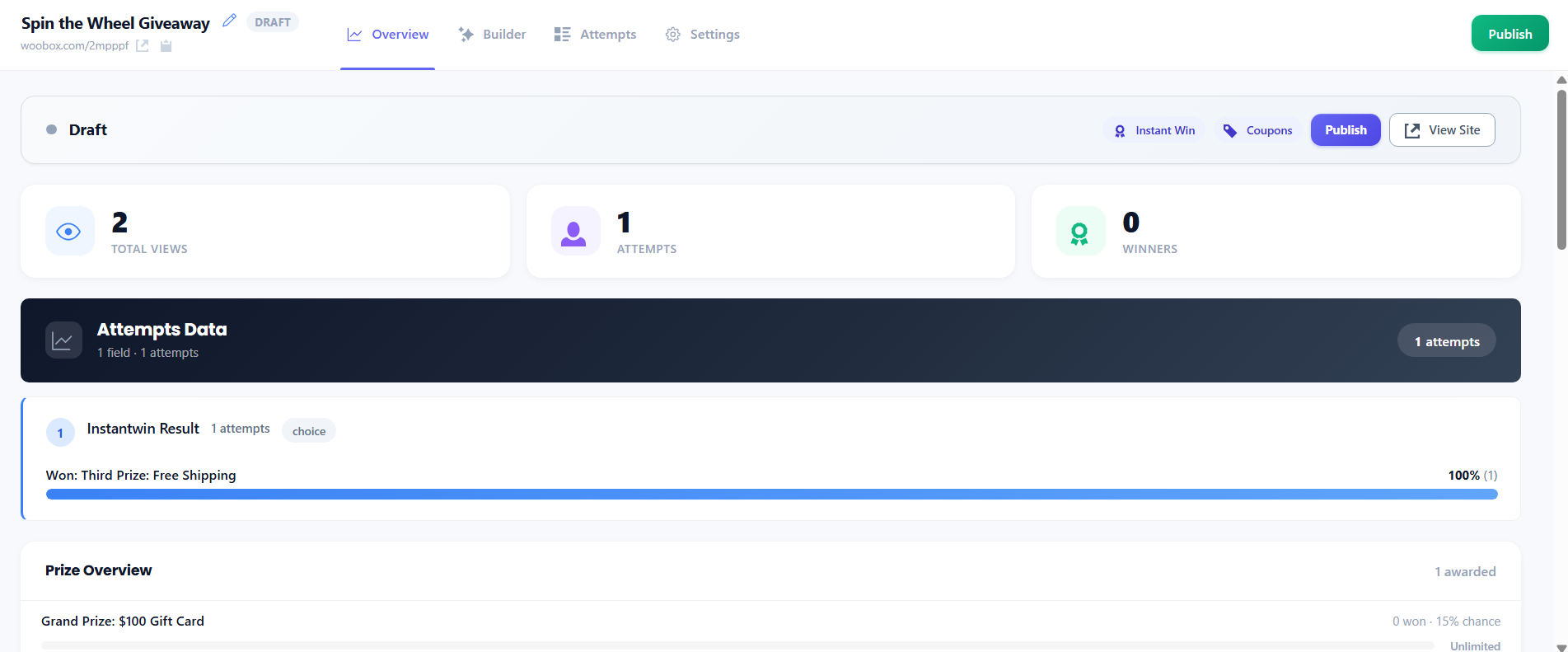 Overview tab - top of page - spin the wheel