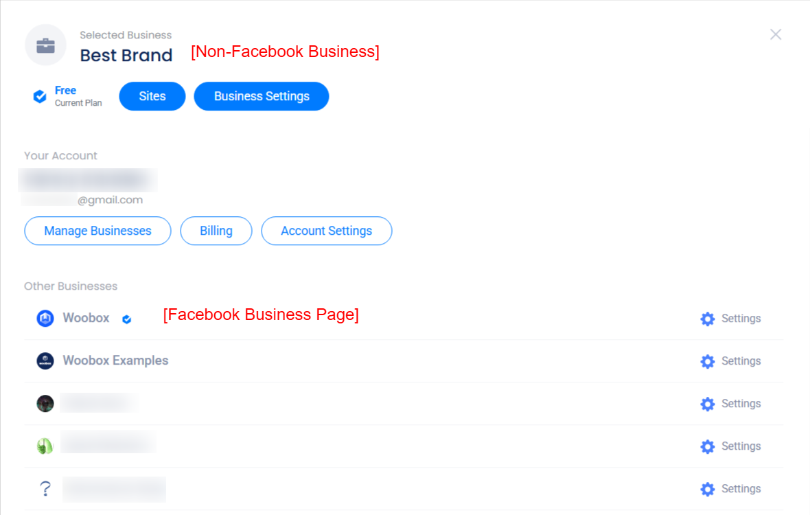 Woobox account panel - list of businesses
