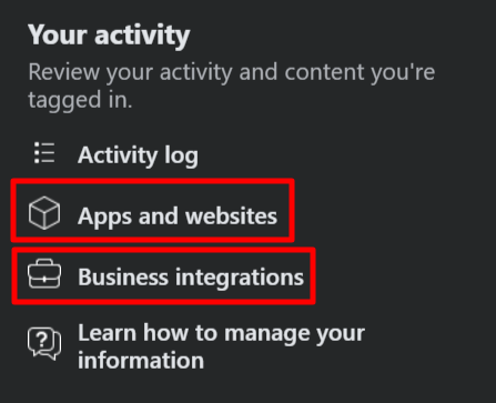 Facebook profile - Apps and websites/Business integrations section
